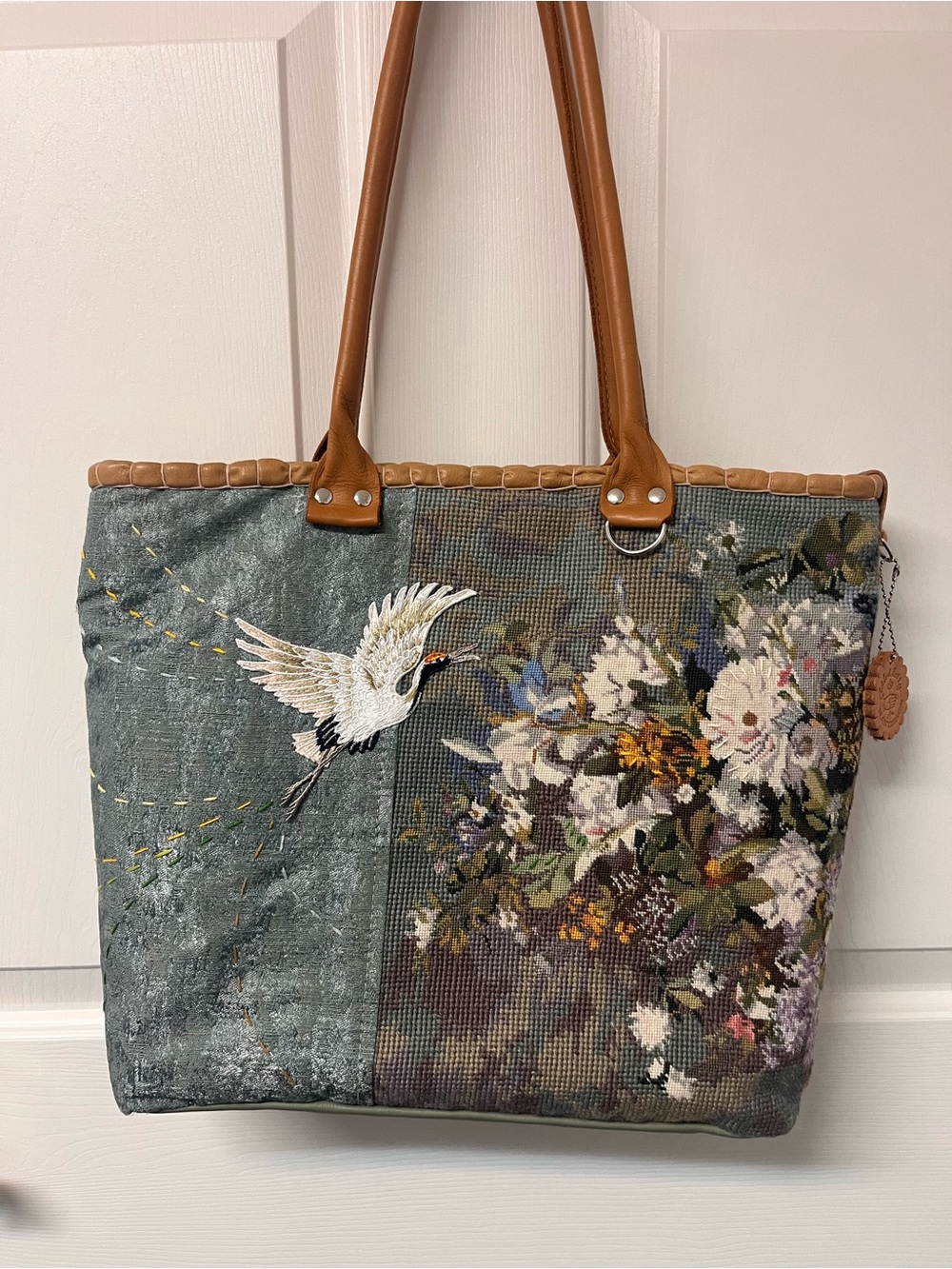 Handmade One-of-a-kind handbag tote purse . Crane velvet floral bag artwork.
